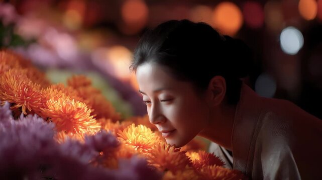 A Beautiful Moment of a Tang Dynasty Woman Appreciating Chrysanthemums