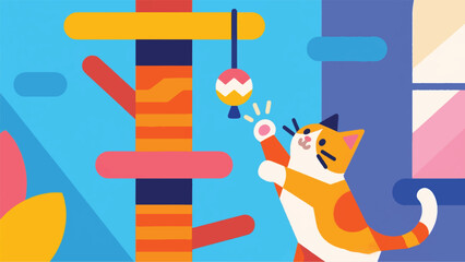 Illustration Of Playful Scene Of A Cat Batting At A Hanging Toy Vector Design Template