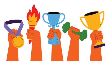 Cartoon Hands Holding Medal, Torch, Trophies, and Dumbbell Illustrating Achievement and Success on a White Background