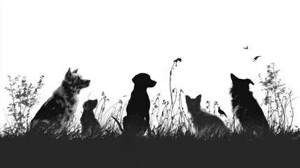 Set of dog silhouettes in various poses, hand-drawn vector illustrations of dogs and puppies, playful pets running, sitting, jumping, and playing, isolated on white background for animal, pet, and can