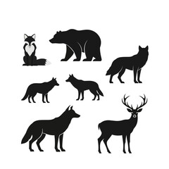 Stunning collection of wildlife silhouettes featuring a fox, bear, wolves, and a majestic deer, perfect for design and branding projects