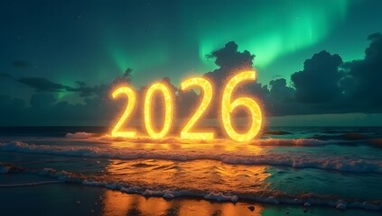 theme new year, Golden 2026 digits , floating above ocean with aurora borealis glowing in sky.
