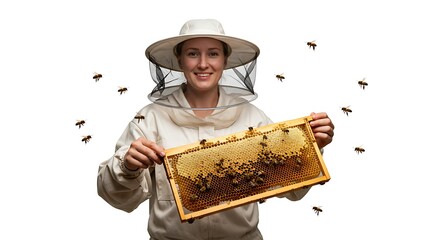 Happy beekeeper in protective suit holding honeycomb frame isolated on white background and surrounded by bees