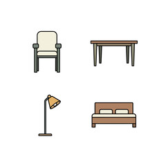 Modern furniture set illustrations for interior design, showcasing a chair, table, lamp, and bed, perfect for home decor projects