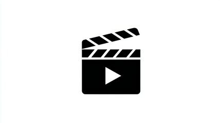 Film clapperboard with triangle play symbol in minimalist illustration style isolated on white background for media production, video content creation, digital filmmaking and movie industry design