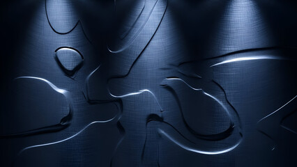 Abstract metal wall sculpture illuminated by spotlights, creating deep shadows