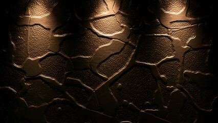 Abstract textured metal surface with cracks illuminated by soft spotlights
