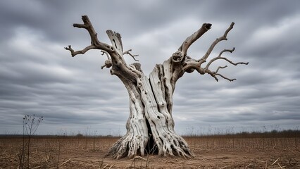 A stark image of a large dead tree standing in a barren field under a cloudy and overcast sky