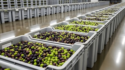 Rows of gray containers filled with green and black olives in a processing facility interior view