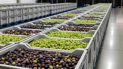 Rows of olives in plastic crates in a warehouse showing green and black varieties ready for processing