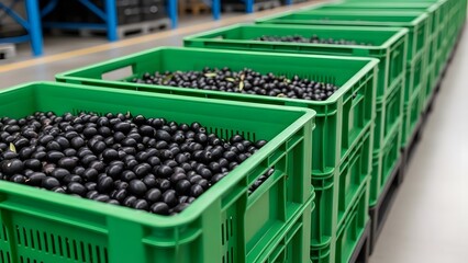 Close up of green crates filled with black olives in a warehouse ready for processing and distribution