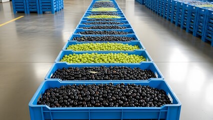 Line of blue crates filled with green and black olives in a factory setting on a shiny floor