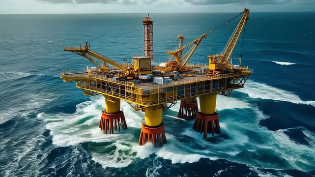 Aerial shot circling an offshore oil platform surrounded by rough waves, heavy machinery operating, epic scale.