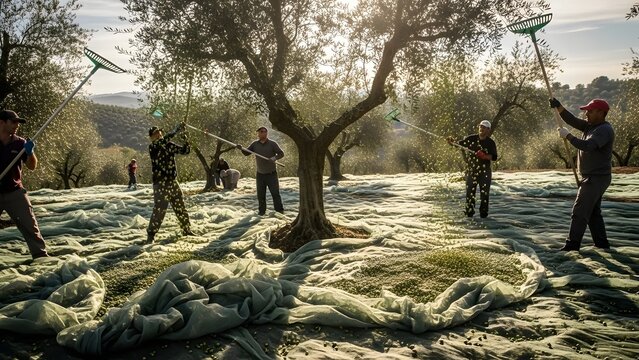 People harvesting olives from trees with rakes and nets spread on the ground in a grove under sunlight