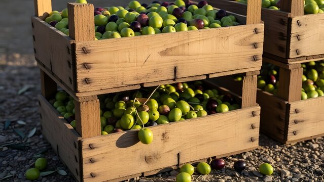 Close up of wooden crates filled with green and purple olives on a gravelly surface outdoors