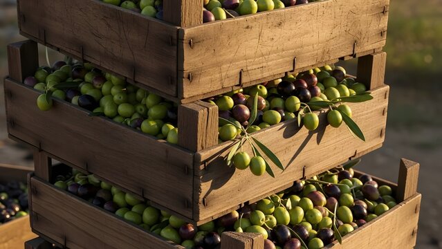 Close up of stacked wooden crates filled with freshly harvested green and black olives with leaves