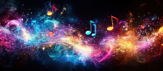 Colorful music notes swirl, cosmic background, energy, album art