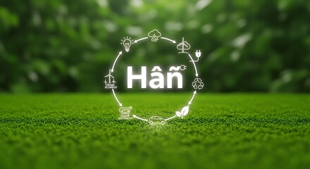 Clean energy cycle with icons on green grass background promoting sustainability