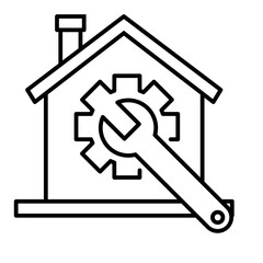 house with wrench and cogwheel line icon with editable stroke