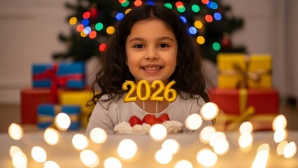 Young girl smiles with new year decorations gifts and glowing candles
