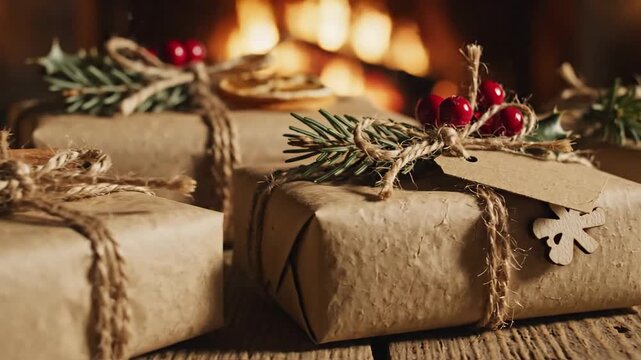 Cozy Christmas Gifts by the Fireplace - A Festive Holiday Scene.