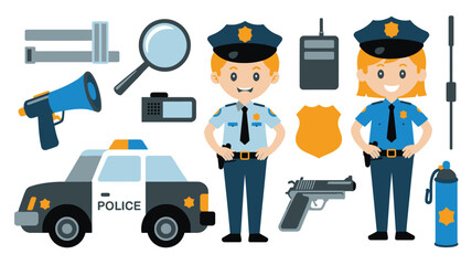 Cartoon Police Officers with Car, Gun, Megaphone, and Investigation Tools Illustration