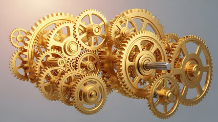 Intricate golden gears representing teamwork, connectivity and mechanical movement