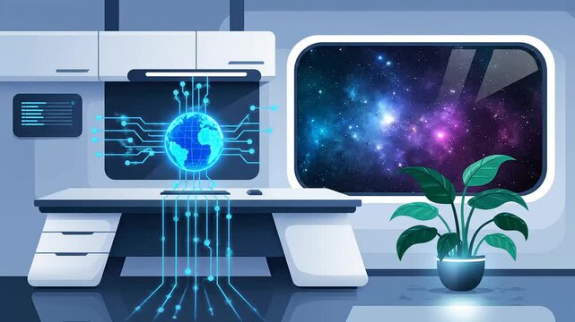 Futuristic digital desk workstation global data processing illustration loop background asset