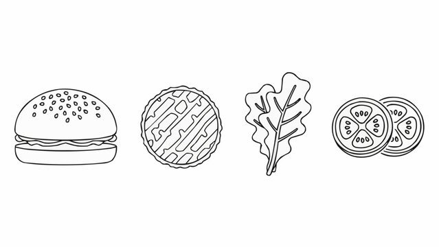 Burger ingredients illustration, bun, patty, lettuce, and tomato slices, black and white. - Powered by Adobe