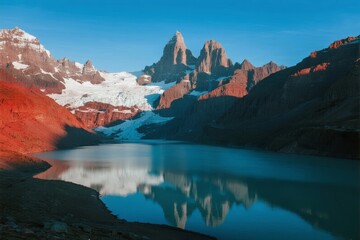A serene mountain lake reflects snow-capped peaks under a clear blue sky, surrounded by rugged red rock formations.