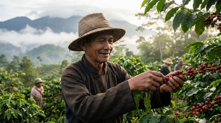 Morning Scene of indonesian Coffee Farmers Working on Misty Mountain Plantations