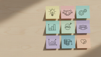 Creative Idea Board with Colorful Sticky Notes – Business Concepts, Analytics, and Strategy

