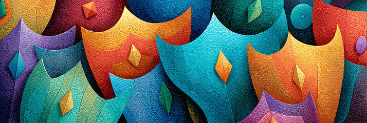 A vibrant and surreal gathering of abstract feline figures, a contemporary art piece with rich textures and a deep, colorful palette