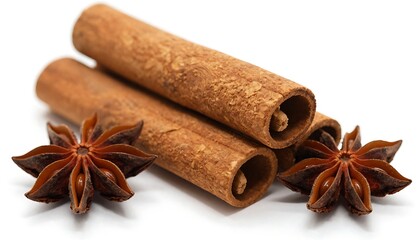 Christmas spices food photography - stack of cinnamon sticks and star anise, isolated on white background created with generative ai