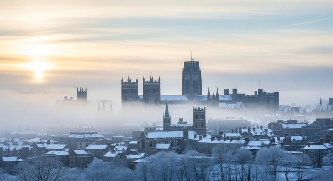 Enchanting winter cityscape shrouded in mist with gothic architecture at sunrise - Powered by Adobe