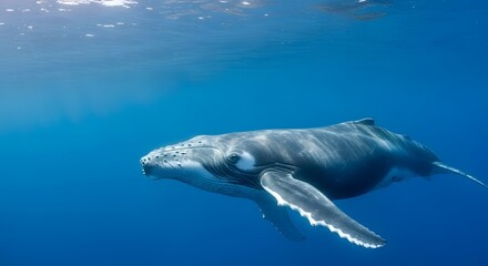 Fototapeta premium Humpback whale swimming gracefully underwater in clear blue ocean representing marine wildlife, conservation, and Whale Day concept