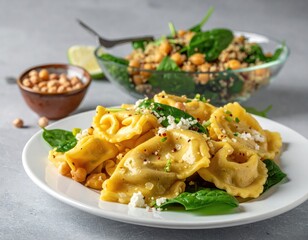 Pasta dish with chickpeas, spinach, quinoa. Healthy