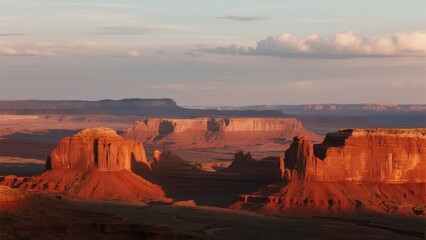 Sunset over red rock formations in a desert landscape
