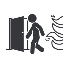 Isolated emergency exit pictogram with running figure and flames, fire escape direction for building safety, evacuation guidance, and emergency signage awareness.