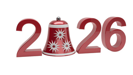 Happy new year 2026 concept with festive christmas bell and glossy deep red numbers.
