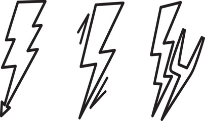 Three stylized lightning bolt icons in a row representing electrical energy and power isolated on white background.