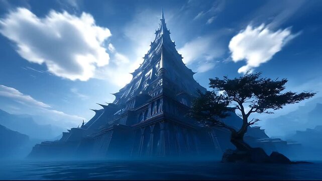 Dramatic landscape of a mysterious mountain citadel rising from misty waters under a blue sky