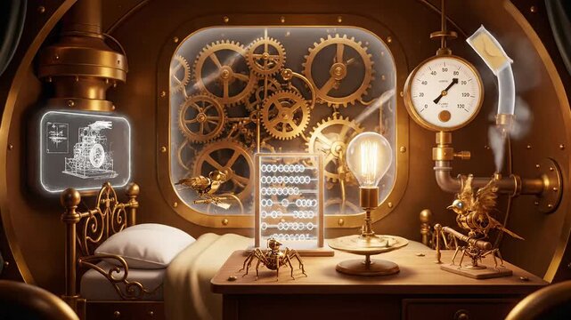 Steampunk victorian bedroom illustration interior vintage gears motion wallpaper design asset