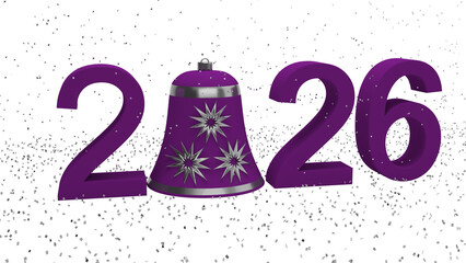 2026 new year's eve celebration bell with purple numbers and sparkling silver confetti design.