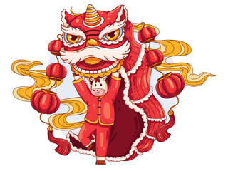 Illustration of a traditional Chinese lion dance performance, with a horse character performing the dance depicts year of the horse 2026.perfect for greeting card, banner, print, social media, etc