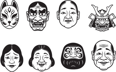 A collection of traditional japanese masks and faces in black and white