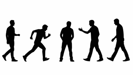 Silhouettes of men in various poses walking running standing gesturing.