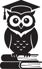 An owl wearing a graduation cap seated on a stack of books