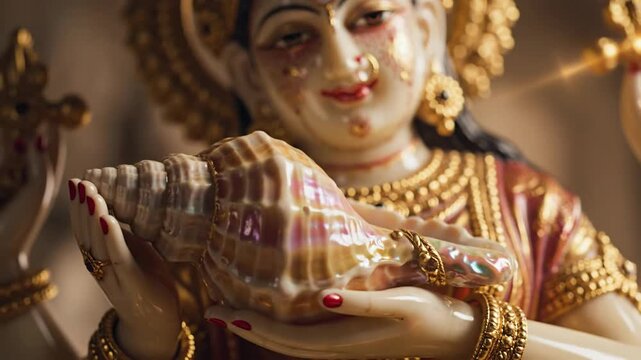 Hindu Goddess Lakshmi Statue Holding Conch Shell Close-Up.