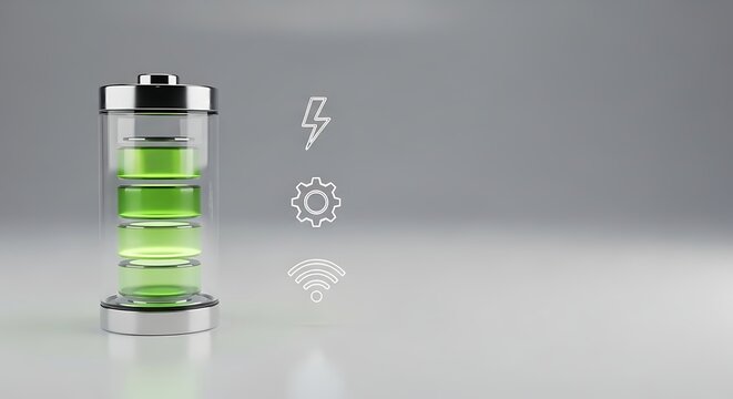 Green battery charging with lightning bolt gear and wifi symbols on gray background